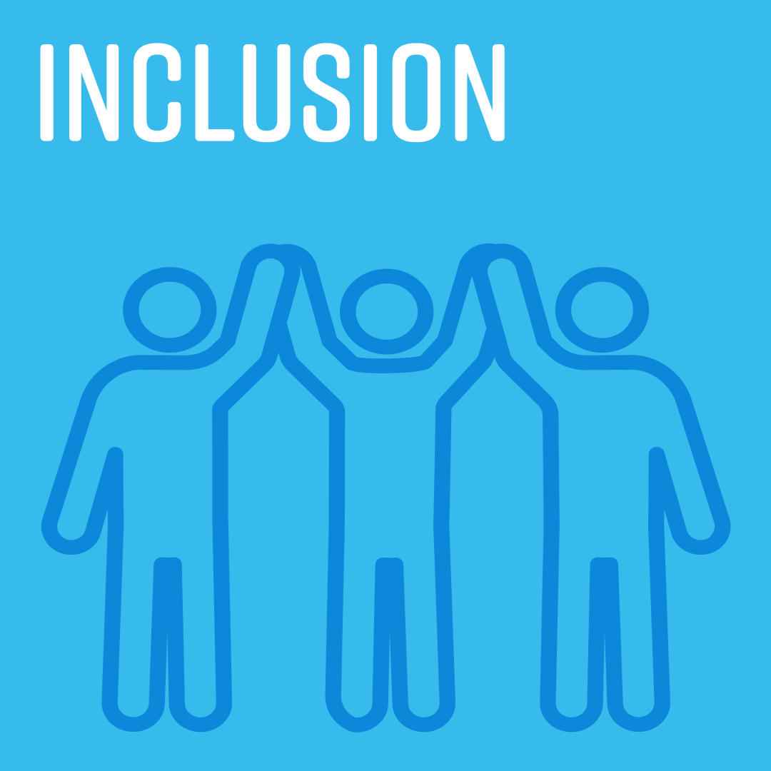 Titled "Inclusion" with icon of 3 people lifting the hands of the person in the middle