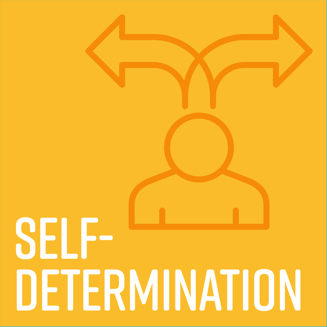 Titled "Self-Determination" with icon of one person that is make a choice showing 2 arrows going in different directions.