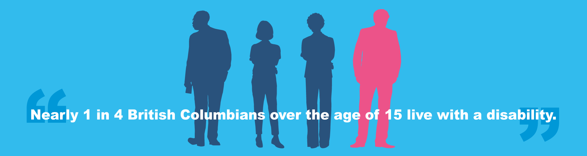 Graphic silhouettes of 4 people, three people are coloured blue and one person is coloured pink to show a statistic that 1 in 4 people in BC live with a disability.