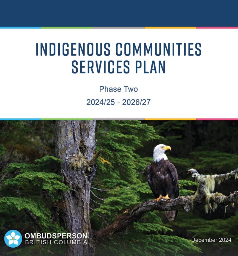 Cover of Indigenous Communities Services Plan showing a single bald eagle perched high in a tree in the Pacific