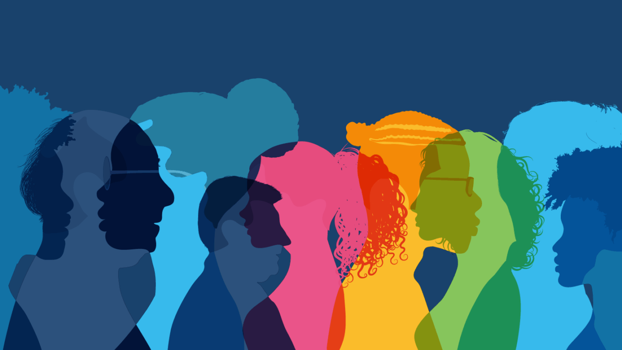 graphic silhouettes of many diverse people in our brand colours of blue, green, yellow and pink