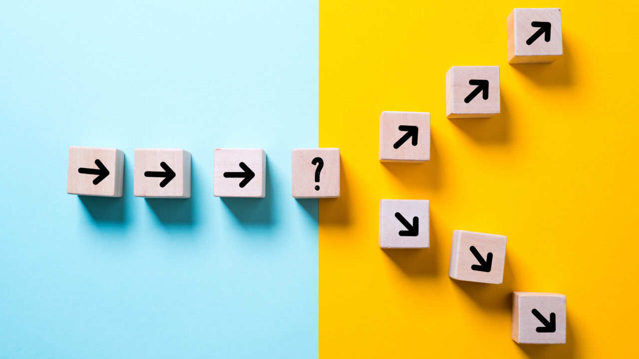 path leads to decision which changes the path in two directions on colorful background