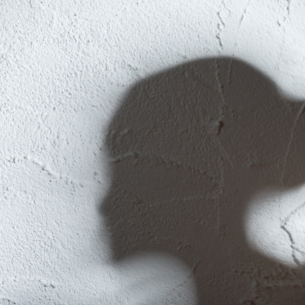 Shadow of a womans head against a blank wall