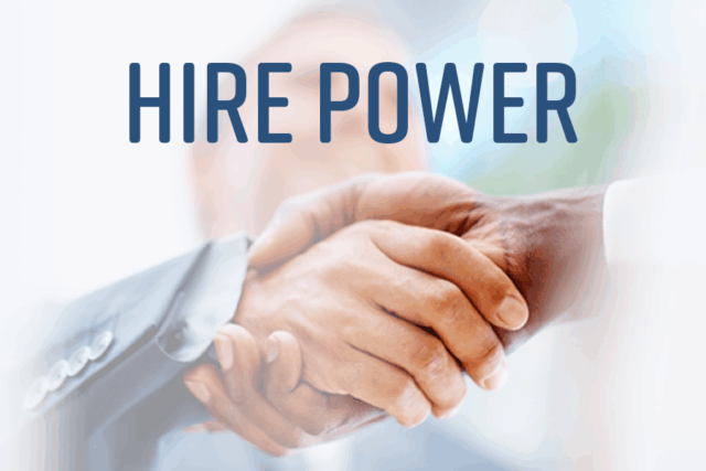 Two Business People Shaking Hands with the Words Hire Power over top