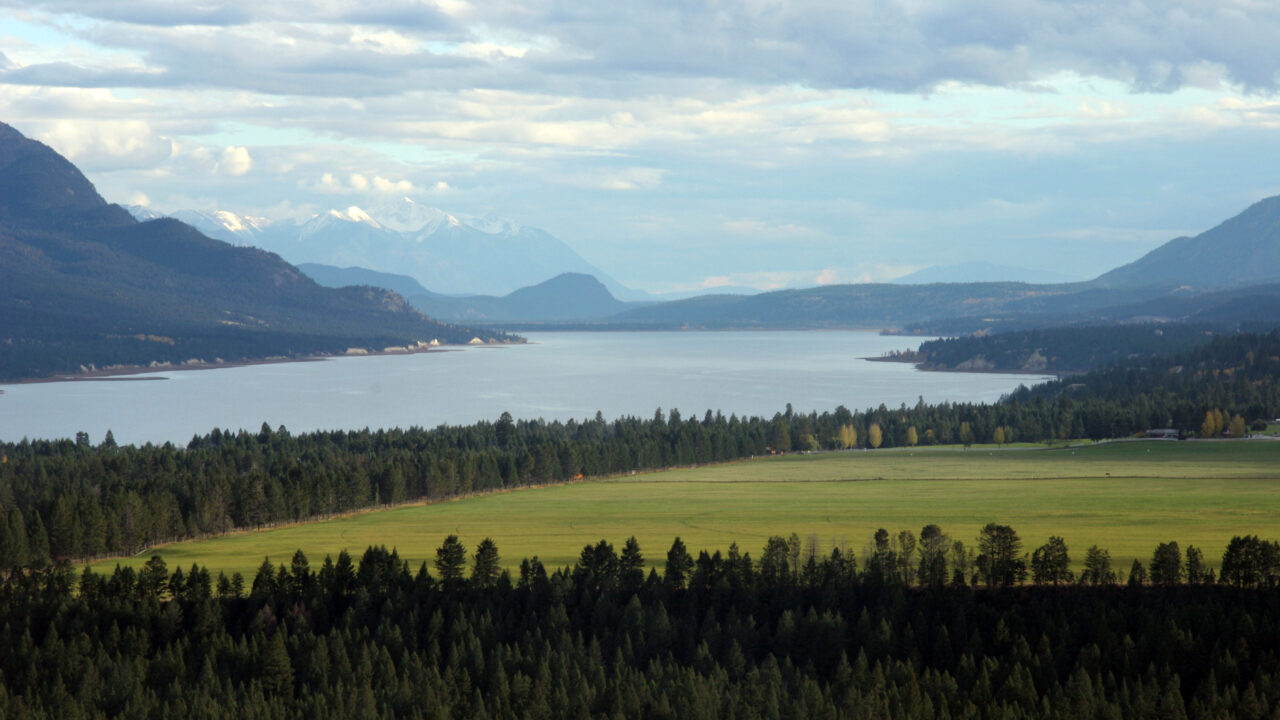 Fall Lake and Mountain landscape in Canada. East Kootenays British Columbia. Columbia Lake in distance. Near Fairmont Hot SpringsPhotographed in October.