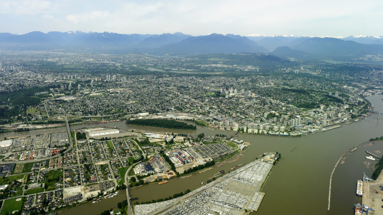 aerial photo city of richmond, vancouver and airport