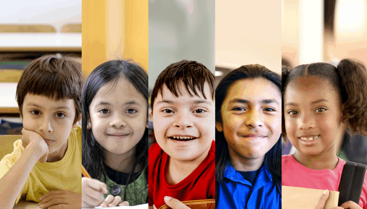 portraits of 5 diverse children at school. Boy in yellow t-shirt, girl in green dress, boy in red t-shirt, boy in blue shirt, girl in pink top.